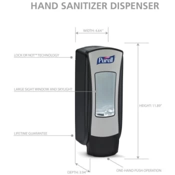PURELL® ADX-12 Push-Style Sanitizer Dispenser, Chrome/Black, For 1200 ML ADX-12 Hand Sanitizer Refills 9 PURELL® ADX-12 Push-Style Sanitizer Dispenser, Chrome/Black, For 1200 ML ADX-12 Hand Sanitizer Refills - Image 7