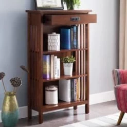 Leick Home One Drawer Mantel Height 3 Shelf Bookcase,slatted Sides,mission Oak -Home Storage And Cleaning 183568 w DetailedProductView19 Lg