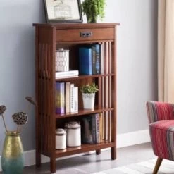 Leick Home One Drawer Mantel Height 3 Shelf Bookcase,slatted Sides,mission Oak -Home Storage And Cleaning 183568 w DetailedProductView4 Lg