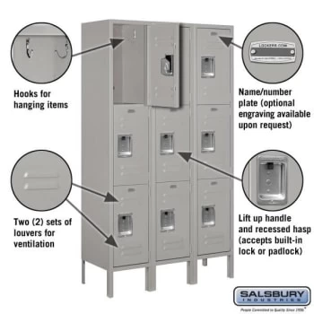 Salsbury Industries® Gray- Triple Tier Standard Metal Locker 5 Feet X 12inches 4 Salsbury Industries® Gray- Triple Tier Standard Metal Locker 5 Feet X 12inches - Image 2